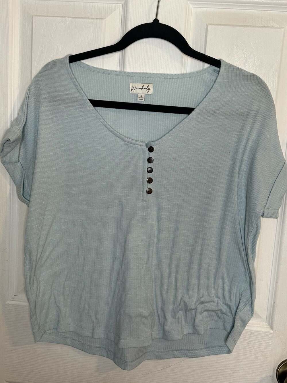 Wonderly Women's Ribbed Short Sleeve Henley Top in Light Blue